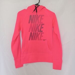Nike Neon Coral Pink Pullover Hoodie size XS Polyester Pouch Pocket Long Sleeve